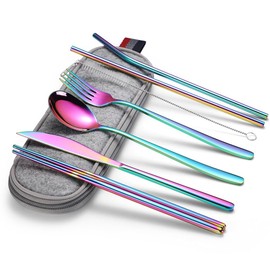 Cutlery Set, Spoon, Fork, Chopsticks Set, 8 Piece Set, For Bento Bento Tableware Set, 304 Stainless Steel, Durable, Stylish, Wheat Case, Tableware Set, Portable, 7 Colors Available, For Students,