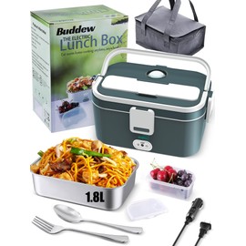 Buddew Electric Lunch Box for Adults, 80W Heated Lunch Box 1.8L Stainless Steel Portable Food Warmer,12/24/110V Lonchera Electrica Portatil for Travel & Work, Loncheras para Hombres de Trabajo