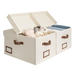 StorageWorks Large Clothes Storage Bins, Fabric Boxes with Divider Board, Baskets for Clothes, Linen Closet Organizers with Lid, Ivory White, 2-Pack