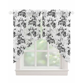 Black Grey Swag Curtains 36 Inch Length 2 Panels Set,Short Semi-Sheer Curtain Drapes Rod Pocket Valance Drapery For Kitchen,Bedroom,Bathroom Window Spring Modern Herb Wildflower Floral Plant 56"Wx36"L