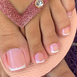 Boloshine 24Pcs False Toe Nails, Solid Color Glossy Fake Toe Nails Press on Nails French Tip, Natural Removable Glue-on False Toenails for Women and Girls Daily Decorations - Pure Desire French Style