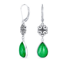 Dyed Green Jade Filigree Teardrop Pear Shaped Good Fortune Lever Back Dangle Earrings For Women .925 Sterling Silver