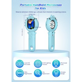 2-in-1 Microscope Camera for Kids, Mini Handheld Microscope Supporting Multiple Viewing Angles, Outdoor Educational Science Adventure Toys, Birthday Gifts for 3-10 Years Old Boys Girls, Blue Dinosaur
