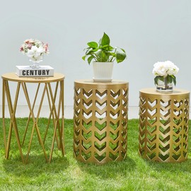 Y&M Set of 3 Gold End Tables, Nesting Metal Round Coffee Table, Heavy Duty Metal Plant Stand Garden Stool, Outdoor Multifunctional Use