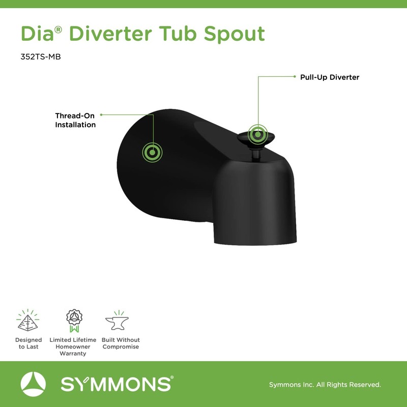 Symmons 352TS-MB Dia Diverter Tub Spout in Matte Black