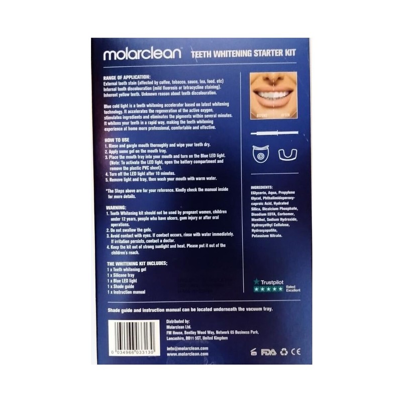 Molarclean Teeth Whitening Blue Led Light Whitening Gel Starter Kit