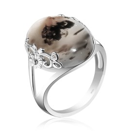 DALEGEM Genuine Rare Yemeni Agate Ring for Women,White Moss Agate Gemstone Ring,S925 Sterling Silver Edged with Flower Vine Genuine Quartz Crystal Gemstone Turkish Ring Jewelry (Stone_A, 8)
