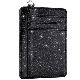 Slim Front Pocket Wallet RFID ID Card Holder Cute Small Wallet with Keychian for Women, Glitter Black, Slim