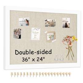 AMUSIGHT Double-Sided Large Cork Board with Linen, 36" x 24" Hanging Wood Framed Bulletin Board, Picture Display Vision Board Corkboards for Wall Room School Office Decor, 20 Pushpins,1pack