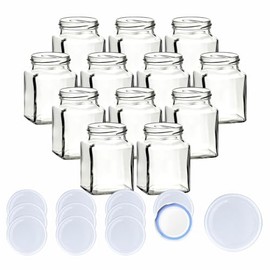 gouveo Set of 12 preserving jars, 314 ml, square with screw lid, white, BlueSeal – storage jars 0.3 l with screw cap, TO63 – empty jars for preserving, preserving and storage