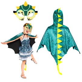 Landifor 2pcs Dinosaur Costume for Kids Dino Fancy Dress Outfit Dragon-Wings Cape with Dino Mask for 3-8 Years Toddler Jurassic Themed Party Costume Cosplay Pretend Play