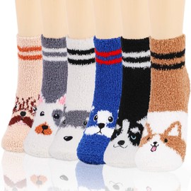 QKURT 6 pair Dog Fluffy Socks, Winter Warm Cozy Sleep Socks Cute Animals Funny Floor Socks, Super Soft Home Socks Bed Socks for Women Men and Girls