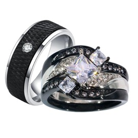 ringheart Couple Rings Black Matching Ring 1.5CT AAA CZ 3pcs Women Wedding Ring Sets for Him and Her Rings Men Band