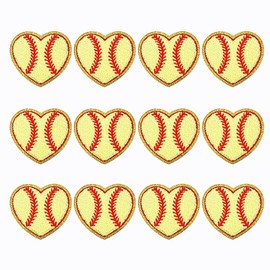 SaktopDeco 12 PCS Yellow Baseball Heart Patch Gold Edges Chenille Baseball Iron On Patches Heart Baseball Applique for DIY Decorative Cloth