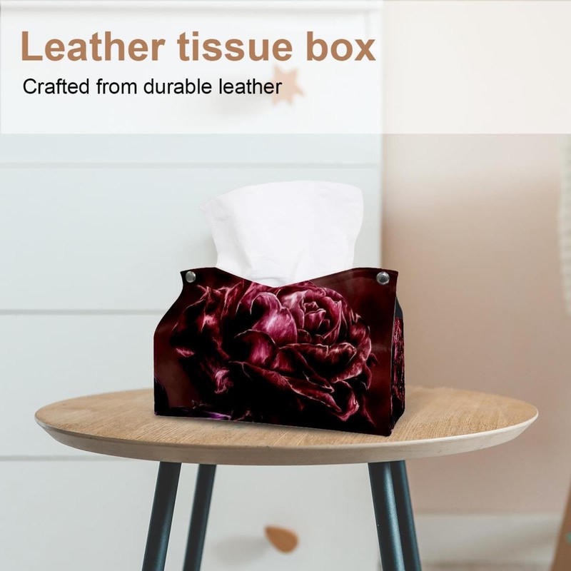 2 Pack Tissue Box Cover Holder, Red Roses Rectangle Leather