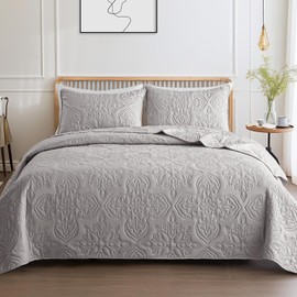 Whale Flotilla Soft Queen Quilt Bedding Set for All Seasons, Vintage Damask Ultrasonic Full Size Quilts Set, Lightweight Reversible Bedspread, Coverlet, Bed Cover with 2 Pillow Shams, Lightgrey