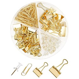 Creechwa Gold Binder Clips and Paper Clips Push Pins Tacks Sets, Total 72 PCS Assorted Sizes Office Supplies Set for Women, Student, School, Home & Desk Supplies