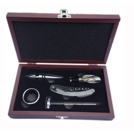 Wine Opener Set with Gift Box. Accessories Kit with Corkscrew, Foil Cutter, Bottle Stopper, Drip Ring, Aerator and Pourer. Elegant Cherry Wood Case.