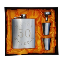 50th Birthday Flask Gift Set - 7 oz Flask Engraved with "Happy 50 Birthday"
