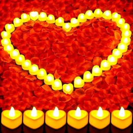 Flasoo - Juego de pétalos de rosa y velas para decoración romántica, 4000 pétalos de rosa roja y 48 luces de vela de corazón para noche especial, boda, aniversario, día de San Valentín para decoración
