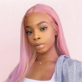 AFBeauty Long Pink Lace Front Wig Long Straight Colored Wigs Lace Front Real Hair Wigs for Women Synthetic Pastel Pink Free Part HD Glueless Lace Wig 24 Inch Cosplay Daily Wear Use