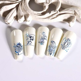 Laser Blue Nail Art Adhesive Sticker 3D Self-Adhesive Nail Decals Art Design Holographic Cherry Tulip Peony Nail Art Sticker Decoration for Women Manicure Tips Acrylic Nails DIY Nails Art Supplies