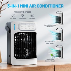 3 in 1 Portable Air Conditioners Fan, Evaporative Air Cooler Humidifier, Personal Mini Air Conditioner with 3 Speed, 4 Timers, 3 Cool Mists, 7 Color Lights, Desktop Cooling Fan for Room Camping Office