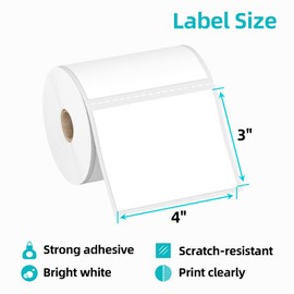 Kingtac (6,000 Labels/12 Rolls) 4" x 3" Direct Thermal Label (101mm x 76mm) Multipurpose Shipping Address Mailing Barcodes Stickers Compatible for Zebra 2844 & Rollo Desktop Label Printer
