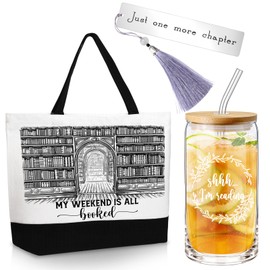 Inbagi 3 Pcs Book Lover Gift, Book Club Accessories, Bookish Gifts for Readers Librarians Bookworms Teachers Friends Cute Birthday Gift, 1 Canvas Tote Bag, 1 Metal Bookmark and 1 Glass Cup