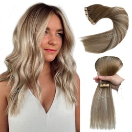 Tape in Hair Extensions Human Hair,Dark Blonde Balayage Hair Extensions Real Human Hair Tape ins Extensions for Women, 20 Pcs Double Sided Invisible Tape in Hair Extensions Human Hair 20 Inch