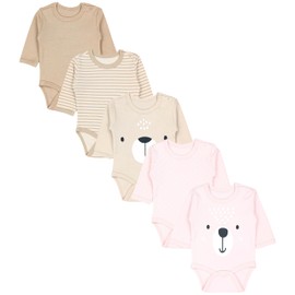 TupTam Long Sleeve Baby Bodysuit Set of 5 - Bodysuit Baby Made of 100% Cotton, Oeko-Tex Certified, Colour: Animal Faces Beige Pink Dots Stripes, Size: 98, Animal Faces Beige Pink Dots Stripes