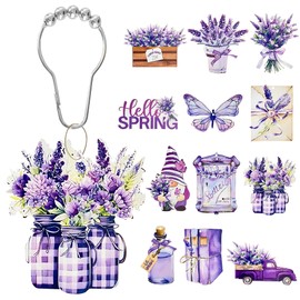 Kleeblatt Decorative Shower Curtain Hooks with Lavender Purple, 12pcs Woody Cute Girly Bathroom Decor Accessories, Stainless Steel Hook, Wooden Accessory - Purple