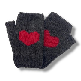 Ella Sussman Hand Knit Alpaca Heart Fingerless Short Glove Fleece Lined Winter Texting Driving Warm Bolivia (Dark Gray With Red Heart, Medium)