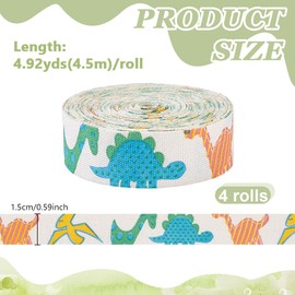 NBEADS 4 Rolls 18 m Cotton Ribbon with Dinosaur Pattern, 15 mm Animal Cotton Ribbon Printed for Home Gift Wrapping DIY Craft Accessories