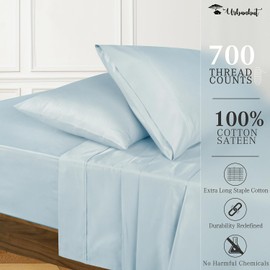 URBANHUT 700 Thread Count Full Size Egyptian Cotton Sheets, 4Pc Sheet Set Soft Luxury Bed Sheets for Full Size Bed, Sateen Weave Hotel Sheets, 14'' Elasticized Deep Pocket - Light Blue