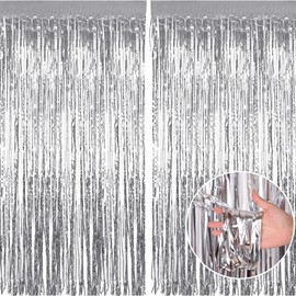 2pcs 3.2ft x 6.5ft Silver Metallic Tinsel Curtains Foil Curtain Decorations Foil Fringe Curtain Door Curtains Hanging Streamers for Party Supplies (Silver)