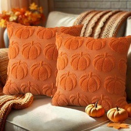 ICONSHOPS Fall Throw Pillow Covers, Set of 2 Soft Plush Faux Fur Decorative Fall Decor Accent Cushion Couch Cover, Sofa, Bedroom, and Farmhouse Home Decor (Orange Pumpkin, 18" X 18" (Pack of 2))