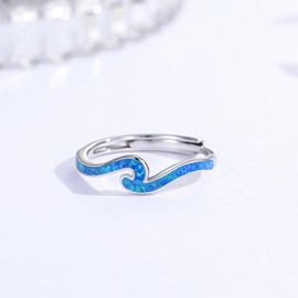 MOPOPOK Waves Rings 925 Sterling Silver Blue Waves Rings Adjustable Enamel Ring Nature Ocean Jewelry Gifts for Ladies Women Men Nature Lovers