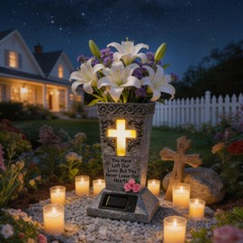 Solar Cemetery Vase for Grave, Resin Outdoor Decor Waterproof Memorial Flower Holder with Cross LED Light, Sympathy Gifts for Deceased Loved Ones, Funeral Outside Fresh or Artificial Flowers