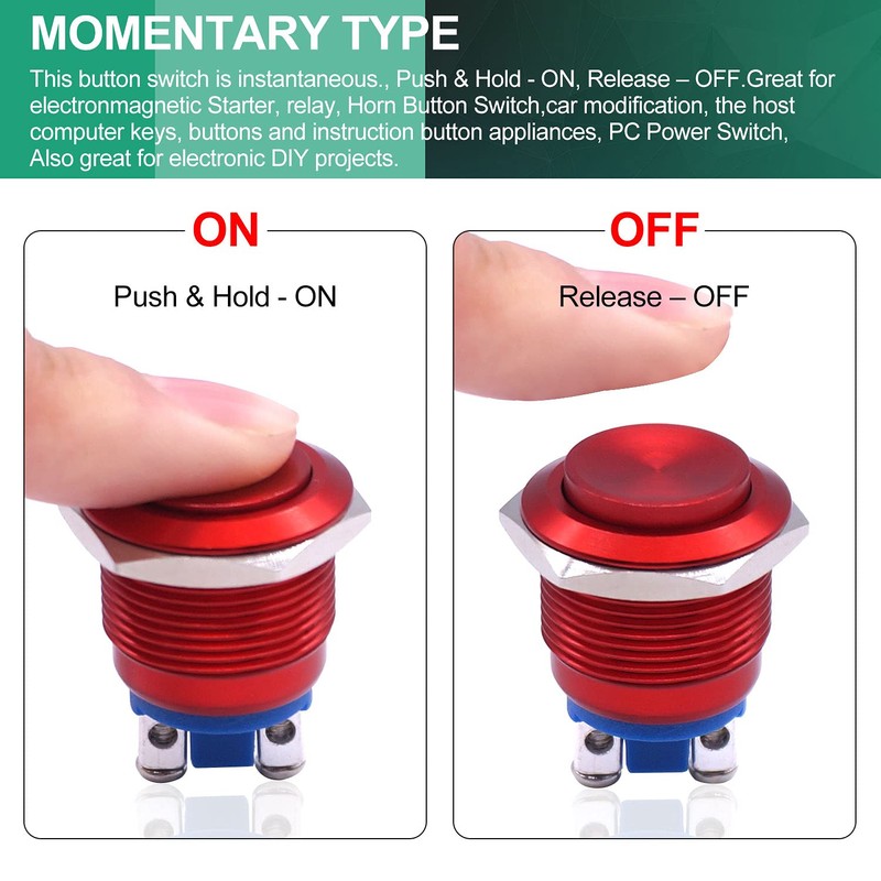 Twidec/19mm Push Button Waterproof Red Metal Shell Momentary Raised Top