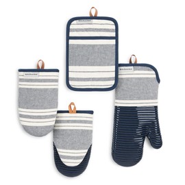 KITCHENAID Vintage Stripe Oven Mitt, Mini Oven Mitt & Pot Holder 4-Pack, 100% Cotton, Heat Resistant, Ink Blue/Ivory, 7"x14", 5.5"x9" & 7"x10"
