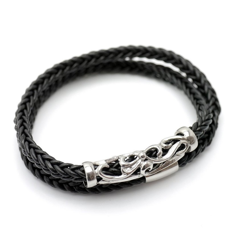 Silver One Point Leather Choker, Arabesque, Stainless Steel, Genuine Leather,