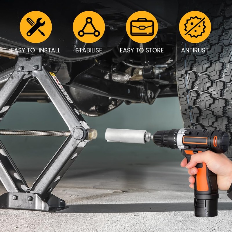 Stainless Steel Scissor Jack Drill Adapter & 2 Adapter Bits,