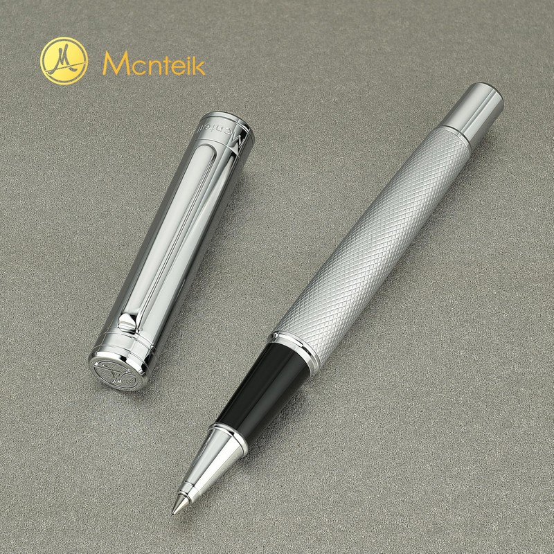 MCNTEIK Silver Rollerball Pen, Stunning Luxury Pen with Mesh Texture