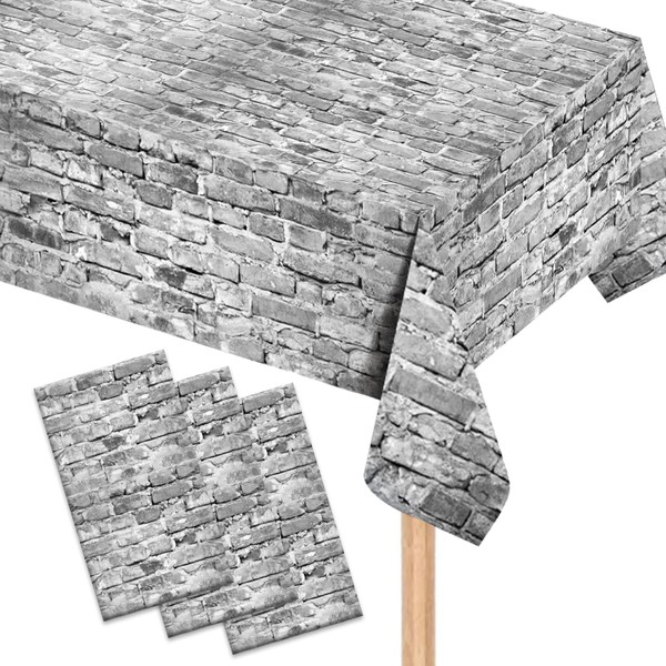 UgyDuky 3 Pack Stone Printed Table Cover Brick Pattern Table Cloth Brick Stone Table Cloth Halloween Table Covers Disposable Plastic Rectangular Tablecloths for Medieval Castle Knight Party (Gray)