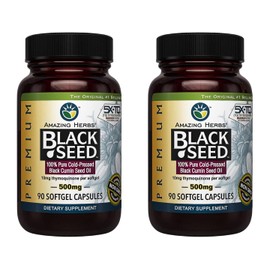 Amazing Herbs Premium Black Seed Oil Capsules - Gluten Free, Non GMO, Cold Pressed Nigella Sativa Aids in Digestive Health, Immune Support, Brain Function - 90 Count, 500mg (Pack of 2)