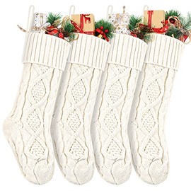 Nelyeqwo Christmas Stockings Large 18 Inches Christmas Stockings White Cable Knitted Xmas Stockings Classic Christmas Decorations for Family Holiday Party Ivory 4 Pack