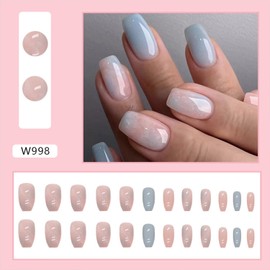 Press on Nails Short Ballerina Fake Nails Glossy False Nails With Marble Texture Designs Full Cover Stick on Nails Reusable Acrylic Coffin Artificial Nails Glue on Nails for Women 24Pcs