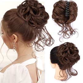 Messy Hair Bun Hair pieces for Women Clip in Claw Pieces Synthetic Chignon Super Long Tousled Updo Bun Extensions Wave Curly Hairpieces for Daily Wear(Light Brown)