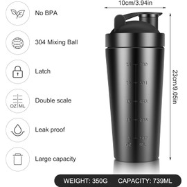Proteinshaker aus Edelstahl mit Mischkugel, 750 ml, Proteinflasche mit Mischkugel aus Edelstahl und Filter, Shake Blender kugel Stahl Shaker